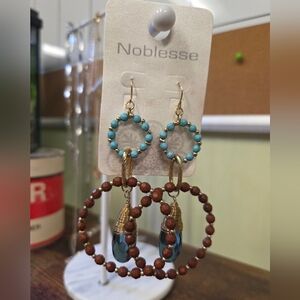 Noblesse Turquoise and Brown Beaded Hoop Earrings